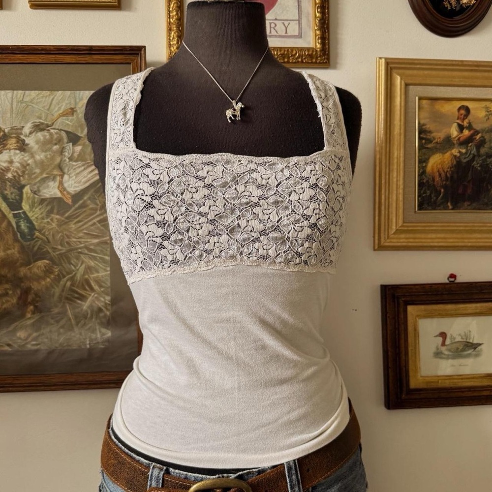 Lace-Trim Square Neck White Tank Top
